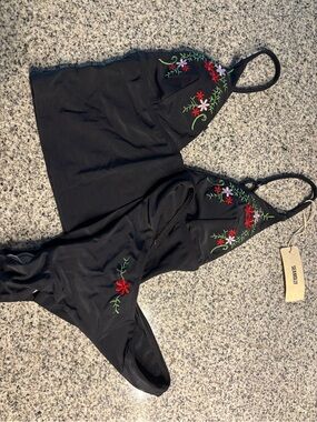 Black Embroidered Floral Bikini Set